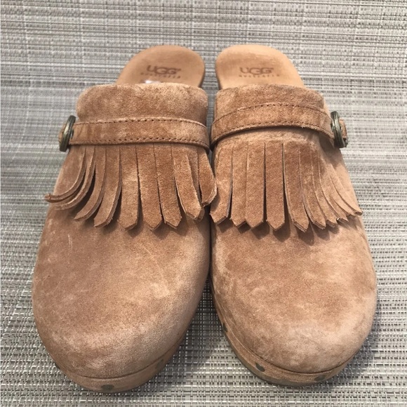 UGG Abbie Clogs Brown Suede Slip On Wood Heel Womens 8 Sheepskin Lined F8910E - Picture 2 of 11